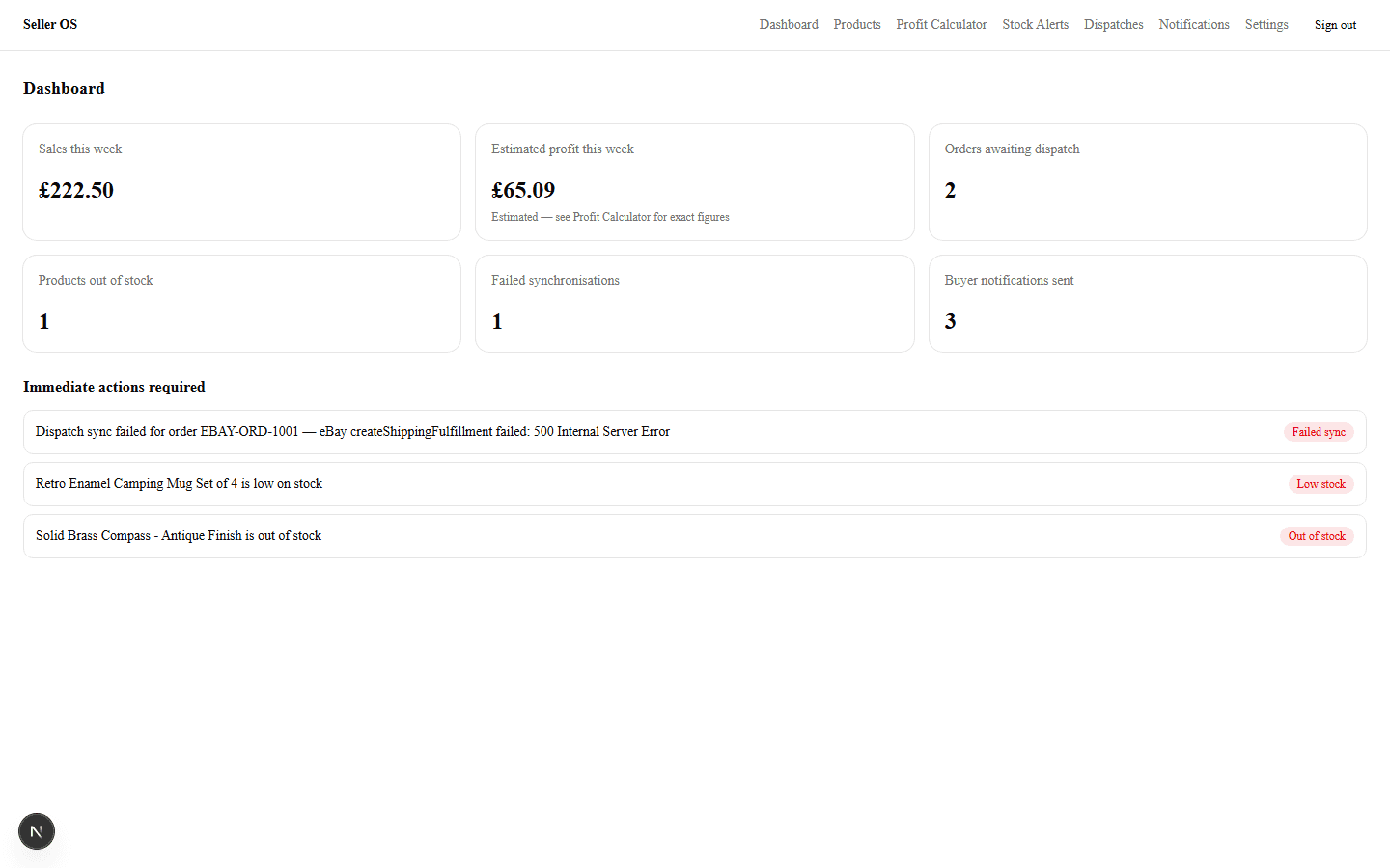 Seller OS dashboard showing sales this week, estimated profit, and immediate action items