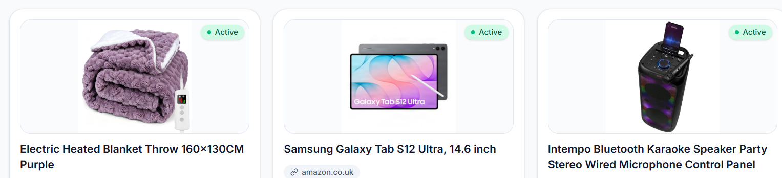 Screenshot of GetSellerOS product cards, each with its photograph, title and an Active label: Electric Heated Blanket Throw 160×130CM Purple, Samsung Galaxy Tab S12 Ultra, 14.6 inch, and Intempo Bluetooth Karaoke Speaker Party Stereo Wired Microphone Control Panel.